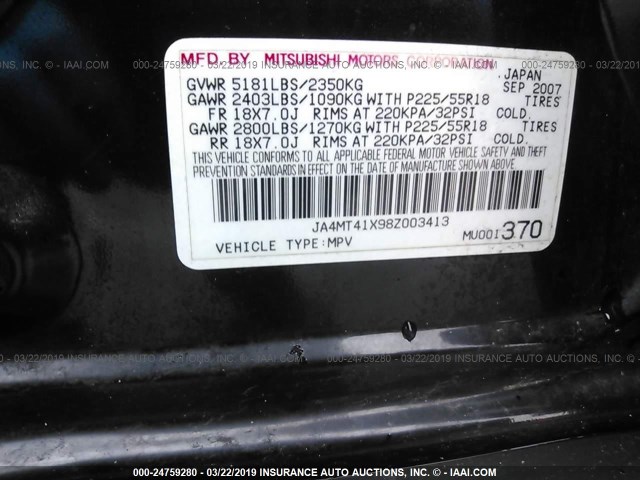 JA4MT41X98Z003413 - 2008 MITSUBISHI OUTLANDER XLS BLACK photo 9