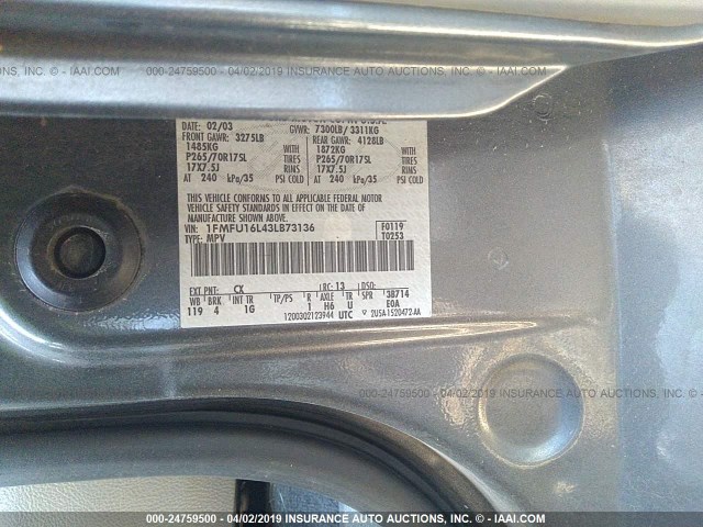 1FMFU16L43LB73136 - 2003 FORD EXPEDITION XLT GRAY photo 9