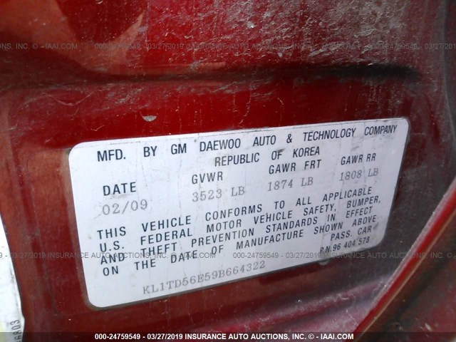 KL1TD56E59B664322 - 2009 CHEVROLET AVEO LS/LT წითელი ფოტო 9