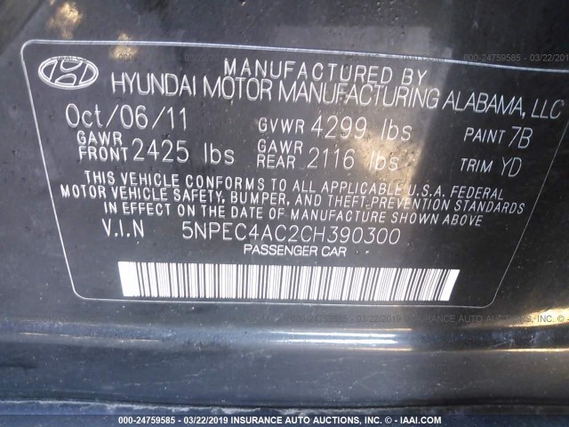 5NPEC4AC2CH390300 - 2012 HYUNDAI SONATA SE/LIMITED BLACK photo 9