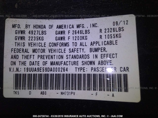 19UUA9E59DA000264 - 2013 ACURA TL TECH BLACK photo 9