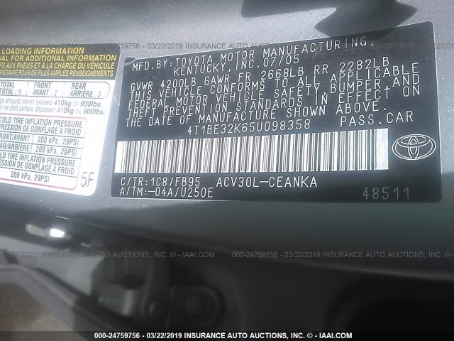 4T1BE32K65U098358 - 2005 TOYOTA CAMRY LE/XLE/SE GRAY photo 9