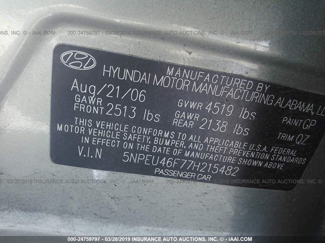 5NPEU46F77H215482 - 2007 HYUNDAI SONATA SE/LIMITED GREEN photo 9