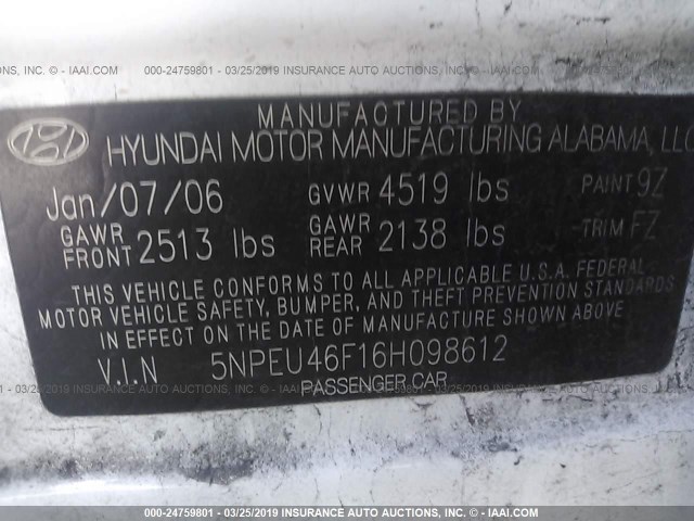 5NPEU46F16H098612 - 2006 HYUNDAI SONATA GLS/LX WHITE photo 9