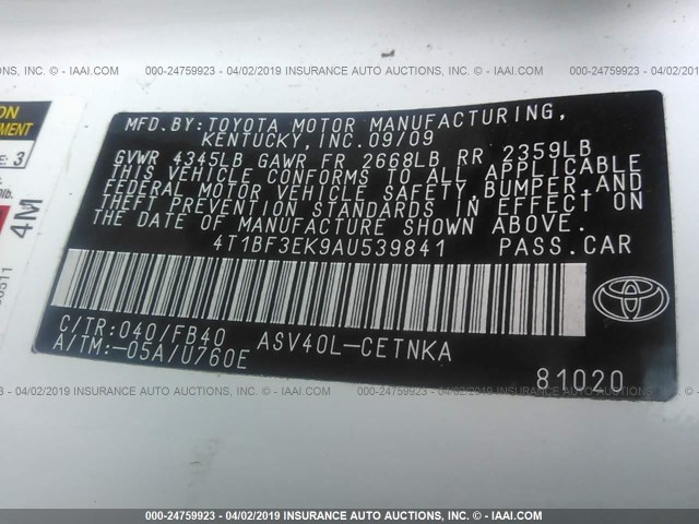 4T1BF3EK9AU539841 - 2010 TOYOTA CAMRY SE/LE/XLE 白色 照片 9