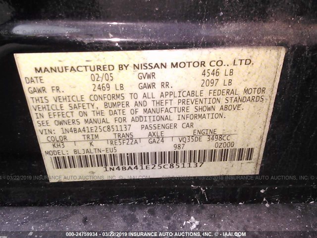 1N4BA41E25C851137 - 2005 NISSAN MAXIMA SE/SL BLACK photo 9