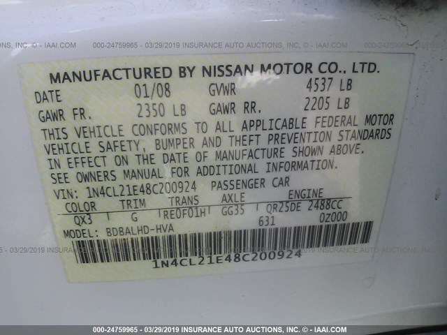 1N4CL21E48C200924 - 2008 NISSAN ALTIMA HYBRID WHITE photo 9