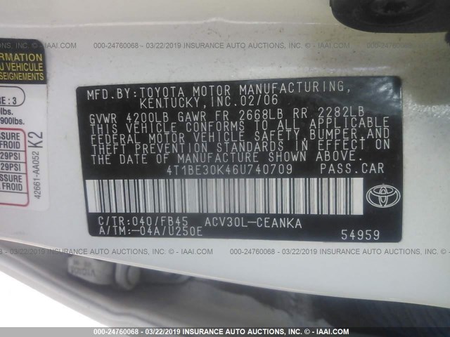 4T1BE30K46U740709 - 2006 TOYOTA CAMRY LE/XLE/SE WHITE photo 9