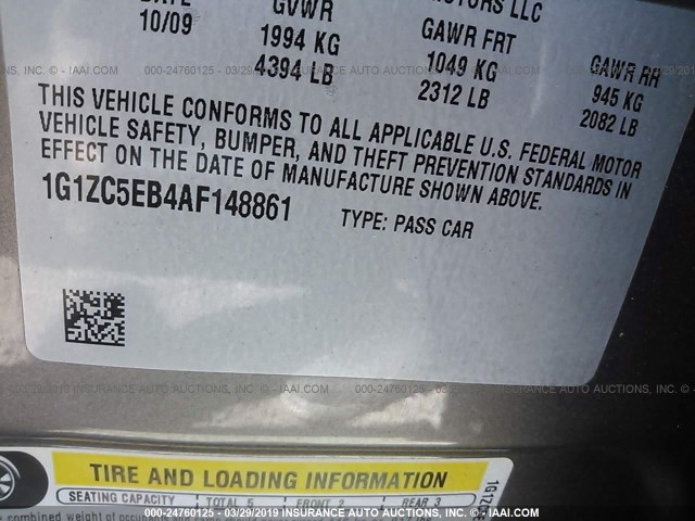 1G1ZC5EB4AF148861 - 2010 CHEVROLET MALIBU 1LT 金色 照片 9