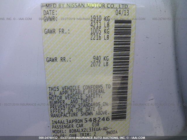 1N4AL3AP9DN548246 - 2013 NISSAN ALTIMA 2.5/S/SV/SL WHITE photo 9