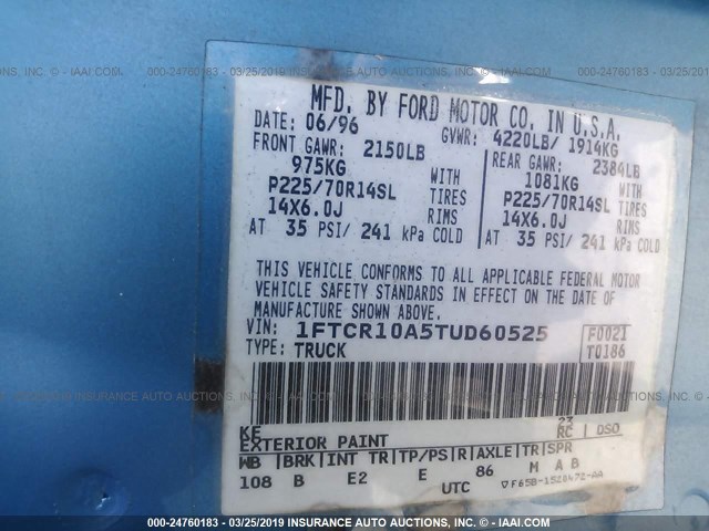 1FTCR10A5TUD60525 - 1996 FORD RANGER BLUE photo 9