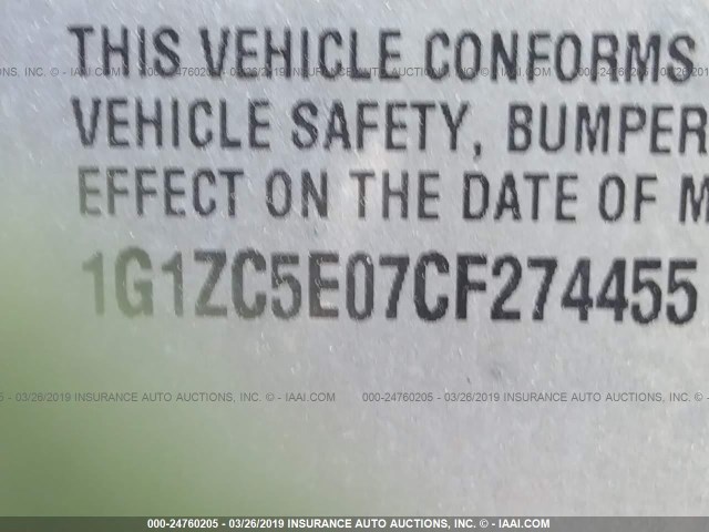 1G1ZC5E07CF274455 - 2012 CHEVROLET MALIBU 1LT 黑色 照片 9