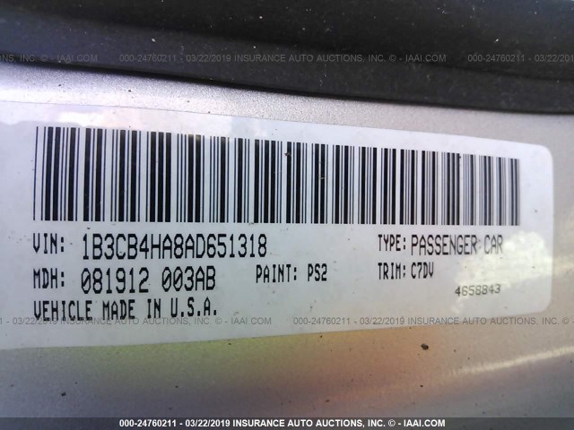 1B3CB4HA8AD651318 - 2010 DODGE CALIBER SXT SILVER photo 9