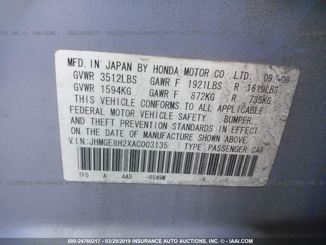 JHMGE8H2XAC003135 - 2010 HONDA FIT Light Blue photo 9