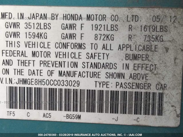 JHMGE8H50CC033029 - 2012 HONDA FIT SPORT GREEN photo 9