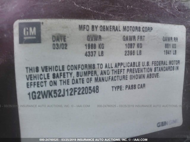 1G2WK52J12F220548 - 2002 PONTIAC GRAND PRIX SE BURGUNDY photo 9