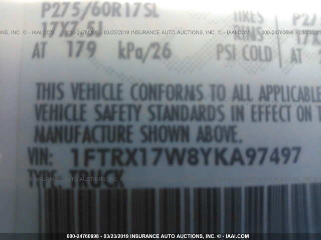 1FTRX17W8YKA97497 - 2000 FORD F150 WHITE photo 9