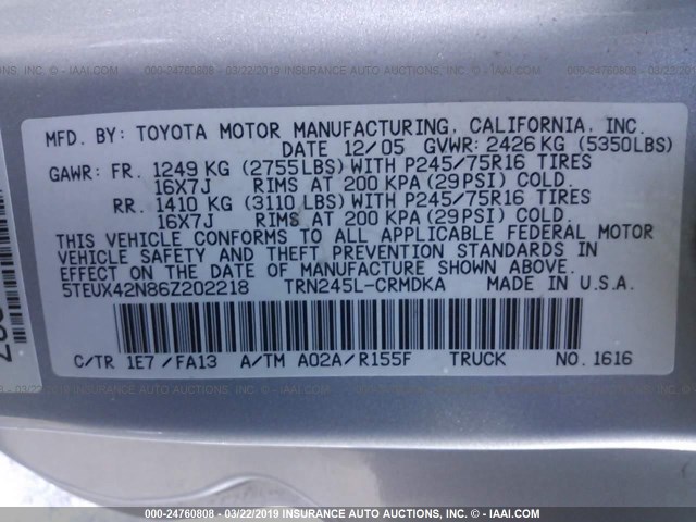 5TEUX42N86Z202218 - 2006 TOYOTA TACOMA ACCESS CAB SILVER photo 9
