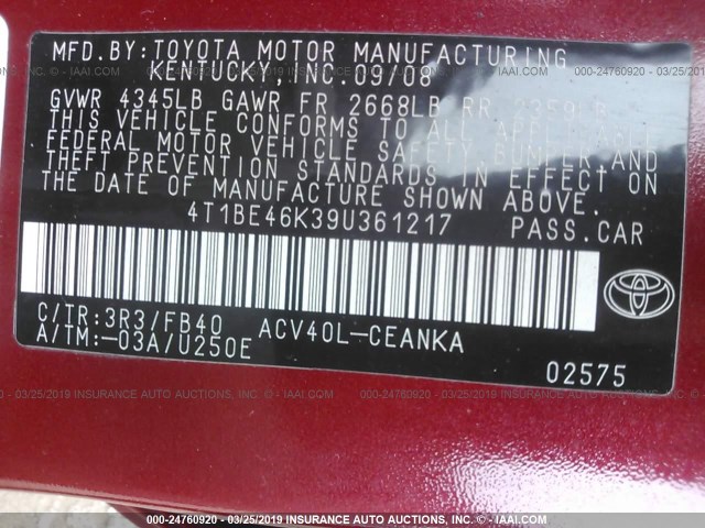 4T1BE46K39U361217 - 2009 TOYOTA CAMRY RED photo 9