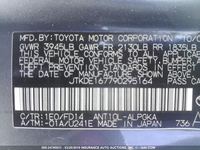 JTKDE167790295164 - 2009 TOYOTA SCION TC ნაცრისფერი ფოტო 9