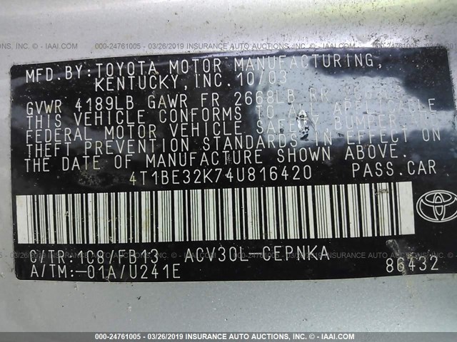 4T1BE32K74U816420 - 2004 TOYOTA CAMRY LE/XLE/SE SILVER photo 9