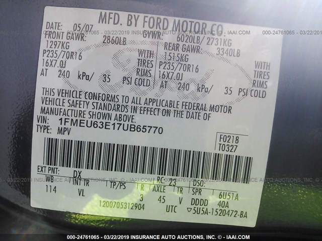 1FMEU63E17UB65770 - 2007 FORD EXPLORER XLT BLUE photo 9