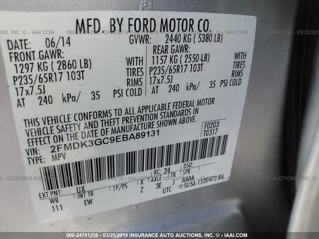 2FMDK3GC9EBA89131 - 2014 FORD EDGE SE SILVER photo 9