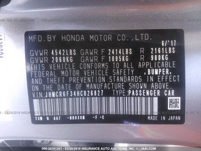 JHMCR6F34HC026827 - 2017 HONDA ACCORD HYBRID SILVER photo 9