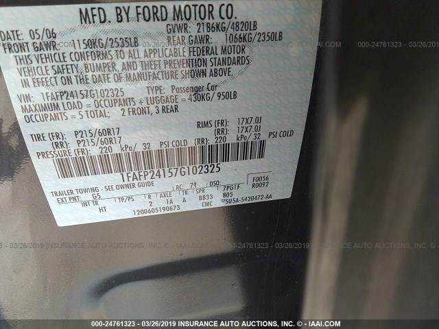 1FAFP24157G102325 - 2007 FORD FIVE HUNDRED SEL GRAY photo 9