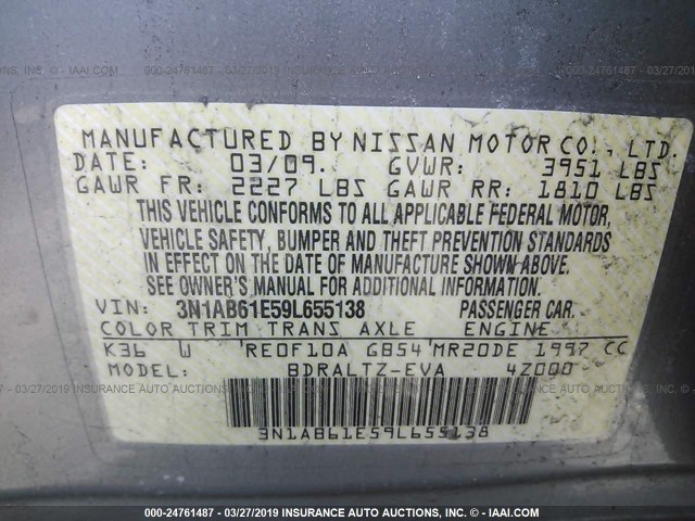 3N1AB61E59L655138 - 2009 NISSAN SENTRA 2.0/2.0S/2.0SL GRAY photo 9