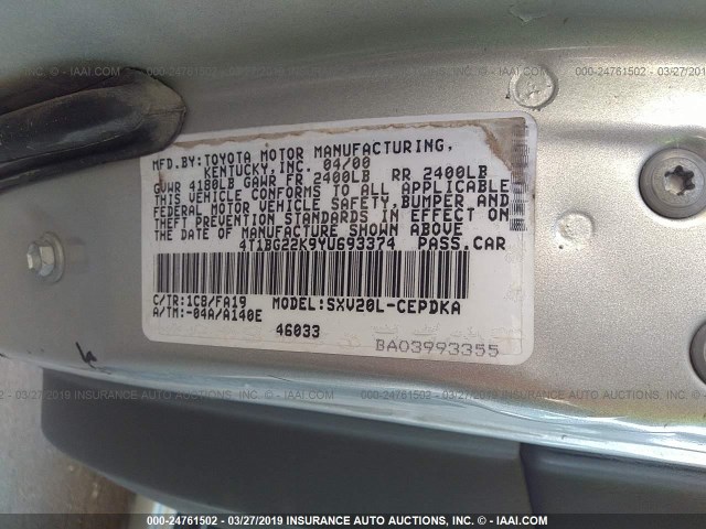 4T1BG22K9YU693374 - 2000 TOYOTA CAMRY CE/LE/XLE SILVER photo 9