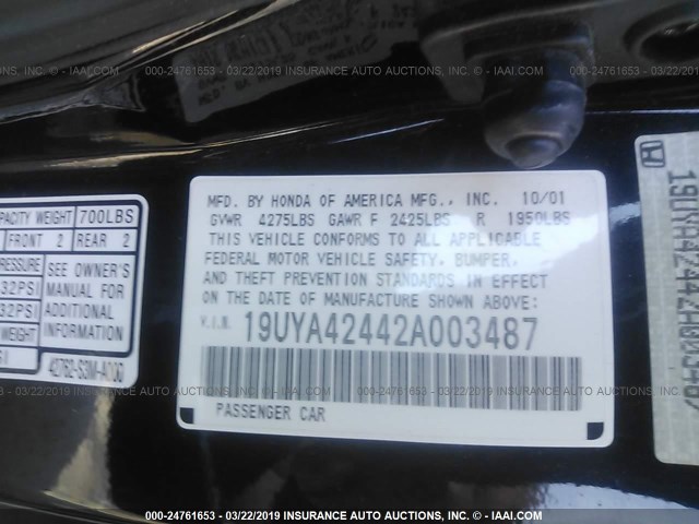 19UYA42442A003487 - 2002 ACURA 3.2CL BLACK photo 9