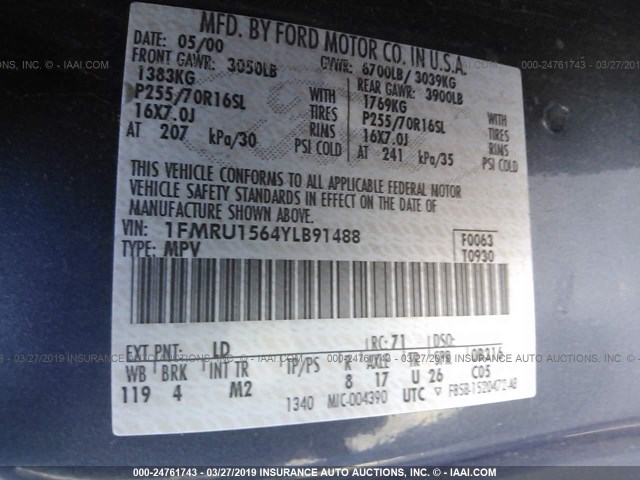 1FMRU1564YLB91488 - 2000 FORD EXPEDITION XLT BLUE photo 9