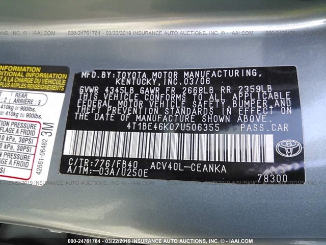 4T1BE46K07U506355 - 2007 TOYOTA CAMRY NEW GENERAT CE/LE/XLE/SE GREEN photo 9