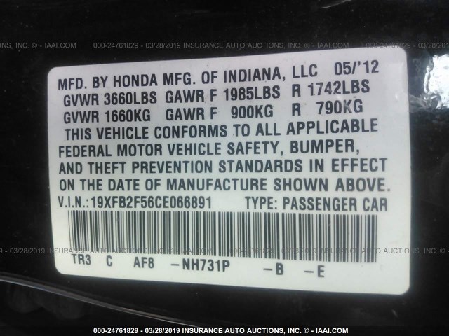 19XFB2F56CE066891 - 2012 HONDA CIVIC LX BLACK photo 9