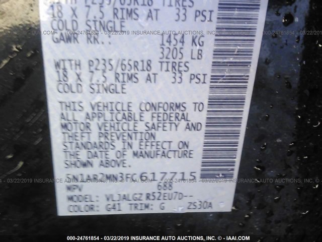 5N1AR2MN3FC617715 - 2015 NISSAN PATHFINDER S/SV/SL/PLATINUM BLACK photo 9