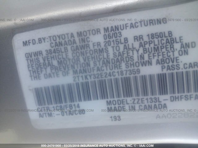 2T1KY32E24C187359 - 2004 TOYOTA COROLLA MATRIX XRS SILVER photo 9