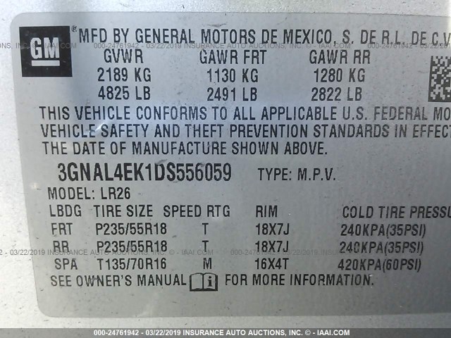 3GNAL4EK1DS556059 - 2013 CHEVROLET CAPTIVA LTZ SILVER photo 9