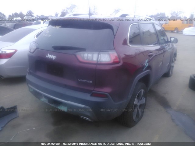 1C4PJLDX1KD243722 - 2019 JEEP CHEROKEE LIMITED BURGUNDY photo 4