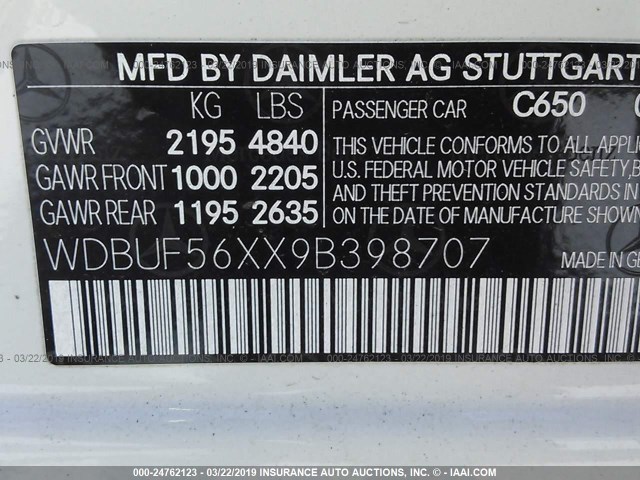 WDBUF56XX9B398707 - 2009 MERCEDES-BENZ E 350 WHITE photo 9