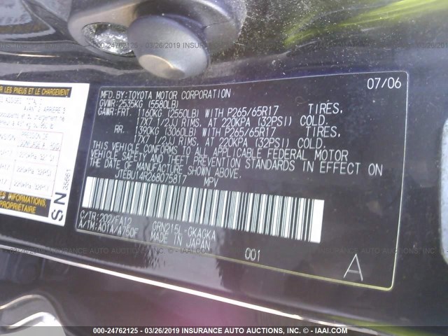 JTEBU14R268075817 - 2006 TOYOTA 4RUNNER SR5/SPORT BLACK photo 9