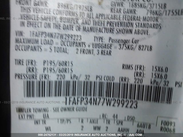 1FAFP34N77W299223 - 2007 FORD FOCUS ZX4/S/SE/SES შავი ფოტო 9