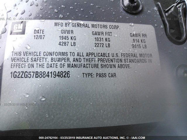 1G2ZG57B884194826 - 2008 PONTIAC G6 SE GRAY photo 9