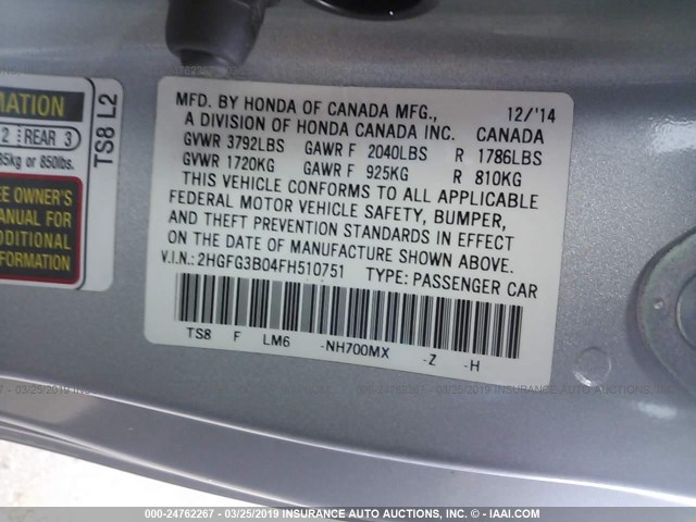 2HGFG3B04FH510751 - 2015 HONDA CIVIC EXL SILVER photo 9