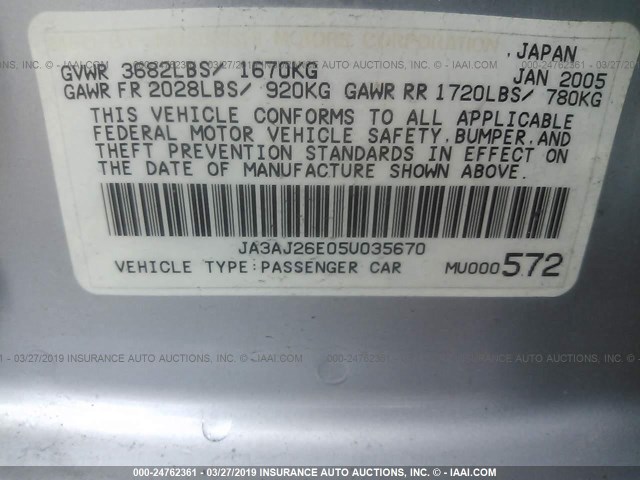 JA3AJ26E05U035670 - 2005 MITSUBISHI LANCER ES SILVER photo 9