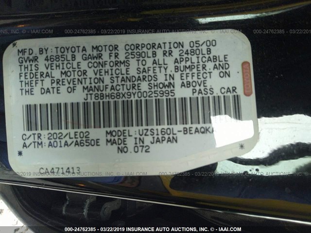 JT8BH68X9Y0025995 - 2000 LEXUS GS 400 BLACK photo 9