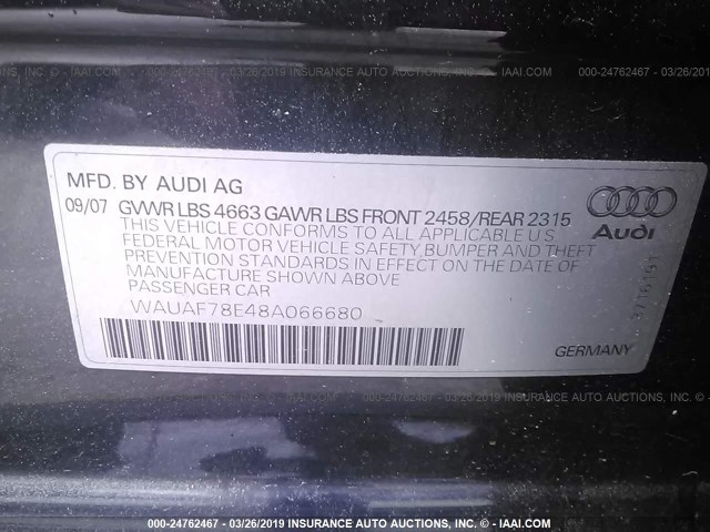 WAUAF78E48A066680 - 2008 AUDI A4 2.0T BLUE photo 9