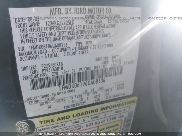 1FMDK06196GA08136 - 2006 FORD FREESTYLE LIMITED BLUE photo 9