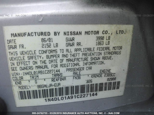 1N4DL01A91C227144 - 2001 NISSAN ALTIMA GXE/GLE/SE SILVER photo 9