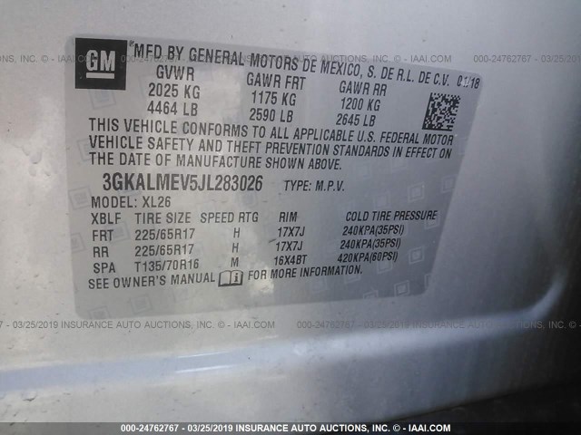 3GKALMEV5JL283026 - 2018 GMC TERRAIN SLE SILVER photo 9